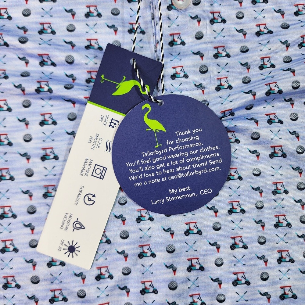 TailorByrd Performance Golf Polo Mens XL Shirt Blue Golf Cart Pattern AOP SPF-30 - Picture 4 of 16